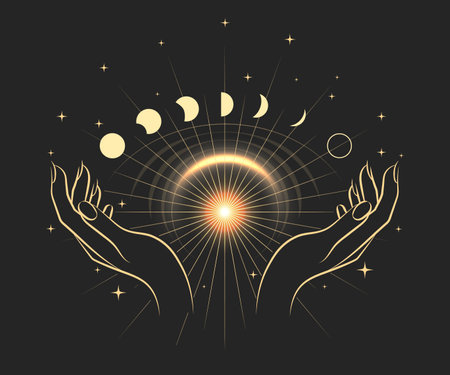 Esoteric Illustration  of Magic Hands and Moon Phases isolated on black background. Vector illustration.のイラスト素材