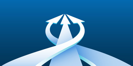 Different Directions Arrows Converging to Point on dark background. Achieving results concept. Vector illustrationのイラスト素材