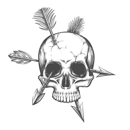 Monochrome Tattoo of Skull Pierced By Three Arrows in Engraving  style isolated on white. Vector illustration.のイラスト素材