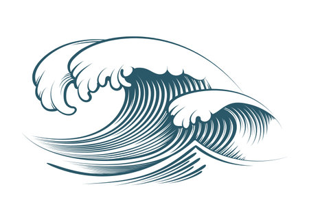 Engraving Monochrome Tattoo of Ocean Waves isolated on White. Vector illustration.のイラスト素材
