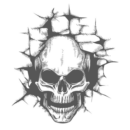 Tattoo of Skull Looking Through a Hole in a Wall isolated on white. Vector illustration.のイラスト素材