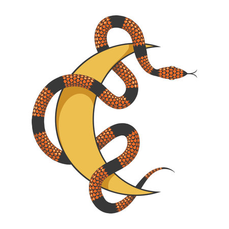 Esoteric Emblem of Snake and Crescent Moon isolated on white. Vector illustrationのイラスト素材