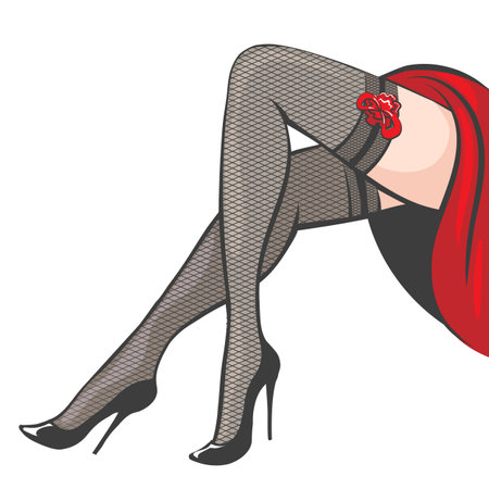 Beautiful Woman's legs in Black Shoes Net Stockings and red Dress. Retro fashion emblem isolated on white. Vector illustrationのイラスト素材