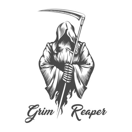 Engraving Monochrome Tattoo of Grim Reaper Death with Scythe isolated on white. Vector illustrationのイラスト素材