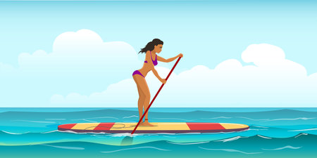 Young Woman Stand Up Paddling on Sap Board with in the Sea. Vector illustrationのイラスト素材