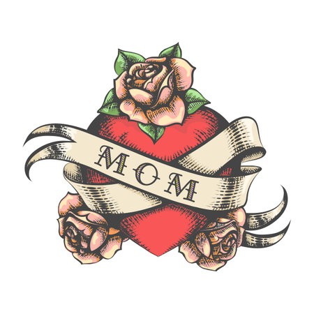 Heart with Rose Flowers and Ribbon with wording Mom Engraving Tattoo isolated on white. Vector illustrationのイラスト素材