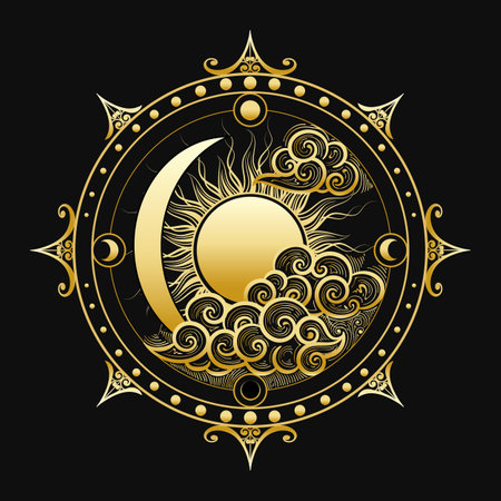 Medieval Astrological Golden Sun with Clouds and Phases of Moon isolated on black background. Vector illustrationのイラスト素材