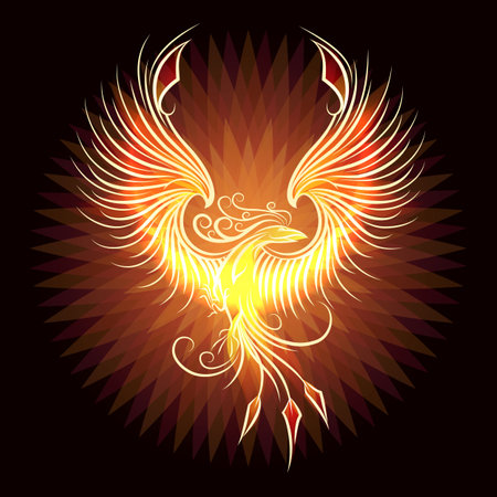 Fire Burning Phoenix Bird rising from ashes on Black Background. Vector illustrationのイラスト素材