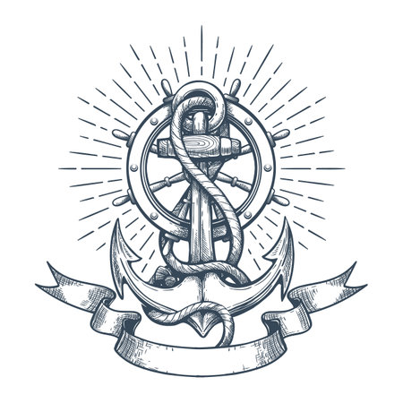 Engraving Tattoo of Ship Anchor and Steering Wheel with Banner isolated on white. Vector illustrationのイラスト素材
