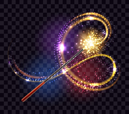 Magic wand with golden glowing sparkle trail shiny star dust and light effect isolated object on dark transparent background. Vector illustrationのイラスト素材