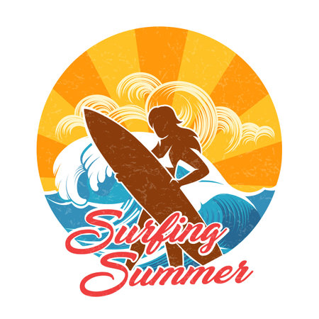 Girl Silhouette with surfing board on storming sea background Retro Design Template. vector illustrationのイラスト素材