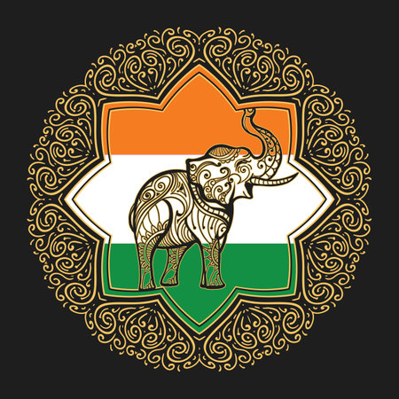Golden Symbol of Elephant on Indian Mandala Background isolated on black background. vector illustration.のイラスト素材