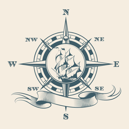Vintage Navigation Compass with Sale Ship inside Wind Rose Travel Ocean Expedition Symbol Tattoo isolated vector illustrationのイラスト素材