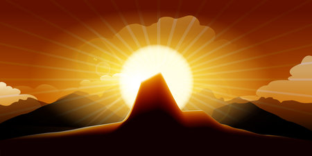 Horizontal landscape with Sundown in a Mountain Side. Sunset wild nature vector illustrationのイラスト素材