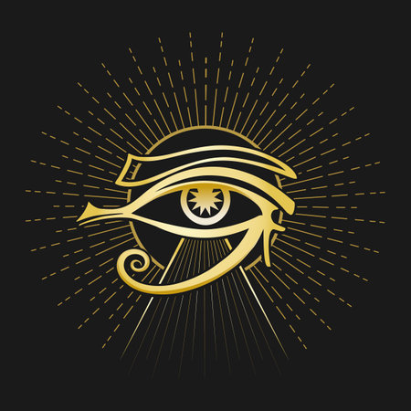 Ancient Egyptian Symbol of Protection Power and Health Eye of Horus isolated on black background. Vector iullustration.のイラスト素材