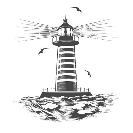 Hand Drawn Monochrome Vintage Nautical Engraving Emblem with Lighthouse isolated on white. Vector illustration.のイラスト素材