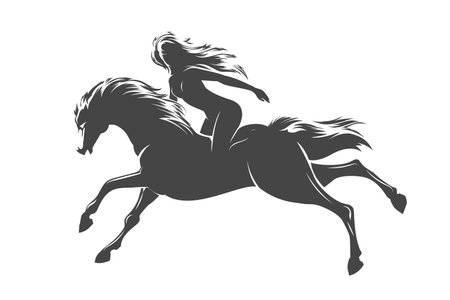 Long-haired Woman Rides a Wild Stallion Emblem isolated on white background. Vector illustrationのイラスト素材