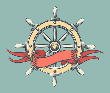 Hand Made Vintage Steering Wheel with Banner Drawn in Engraving Style. Vector Illustration. No AI was used.のイラスト素材