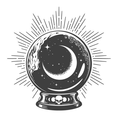 Magician Crystal Ball with Crescent Moon and Stars Inside isolated o white vector illustration. No AI was used.のイラスト素材