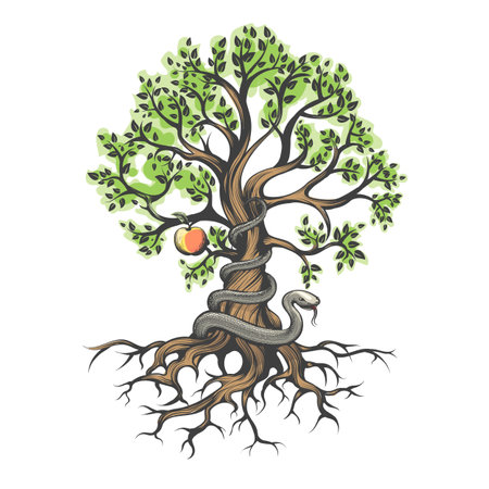 Serpent Tempter Wraps Around a Tree of the Knowledge of Good and Evil isolated on white vector illustration. No AI was used.のイラスト素材