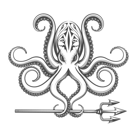 Octopus Holds Trident in Tentacles Engraving Illustration isolated on white background. No AI was used.のイラスト素材