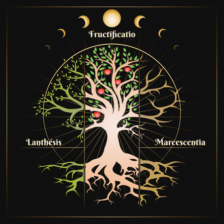 Tree of Essence in Circle of Life Medieval Esoteric vector Illustration isolated on black Background. No AI software used.のイラスト素材