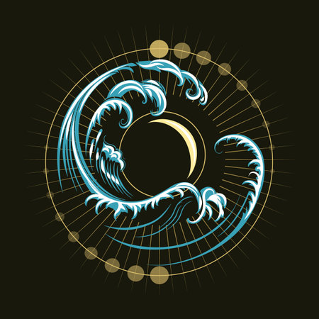 Big Sea Wave Esoteric Illustration Isolated on Black Background. No AI software used.のイラスト素材