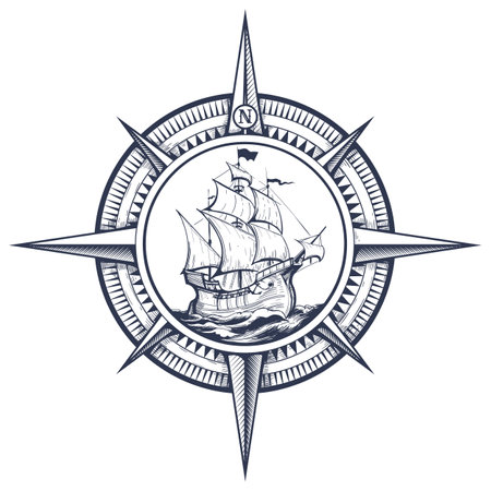 Nautical Windrose with Sailing Ship inside Engraving Vector Illustration isolated on White Background.のイラスト素材