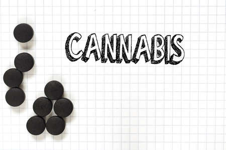The word cannabis is written on paper in a cage by hand, black pills lie next to it. Medical concept.の写真素材