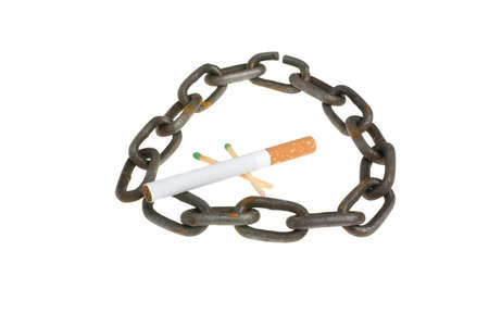 Metal chain cigarette matches on a white backgroundの写真素材