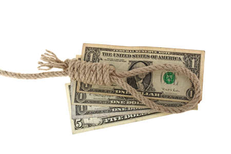 loop made of linen rope, money is isolated on white backgroundの写真素材