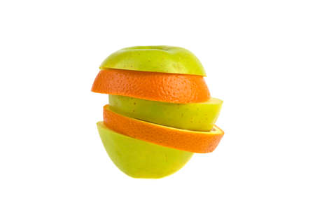 green apple, orange slice cut isolated on a white backgroundの写真素材