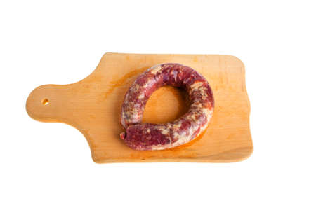 Homemade sausage on a white backgroundの写真素材