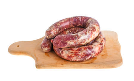 Homemade sausage on a white backgroundの写真素材