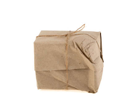 crumpled postal parcel of the destroyed destroyed white backgroundの写真素材