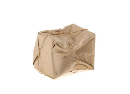 crumpled parcel postmarked destroyed, isolated on a white background