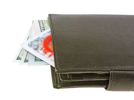 condom purse and money isolated on white backgroundの写真素材
