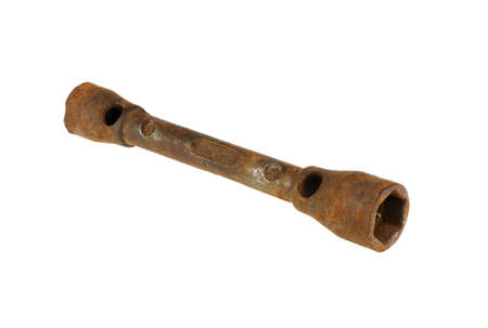 Old wrench on a white backgroundの写真素材