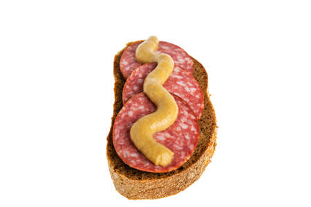 Sausage rye bread mustard on white backgroundの写真素材