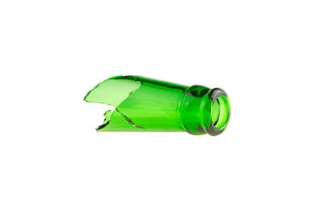 glass neck of a broken bottle green isolated on a white backgroundの写真素材