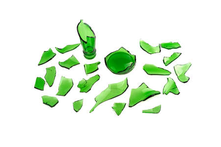 broken glass green, broken glass isolated on white backgroundの写真素材