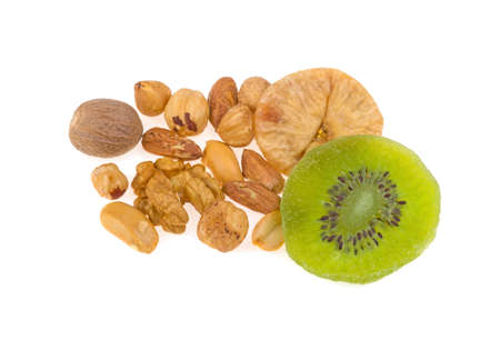 hazel nut, dried figs, dried kiwi, nuts isolated on white backgroundの写真素材