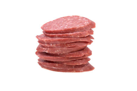 sausage sliced in thin slices isolated on white backgroundの写真素材