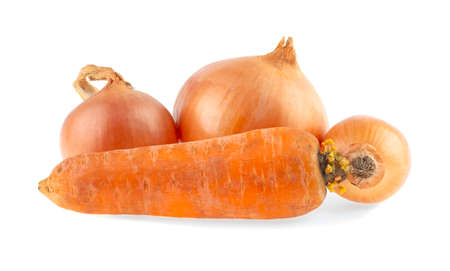 onions and carrots isolated on white backgroundの写真素材