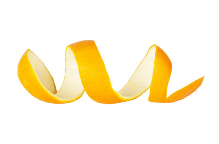 Orange twist isolated on a white background. Orange peel close-up. Orange citron.の写真素材