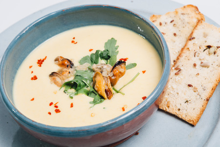 bowl with sea fruit and bredの写真素材