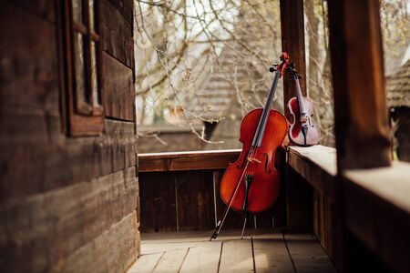 cello and violin leaning on a wooden porch oldの写真素材