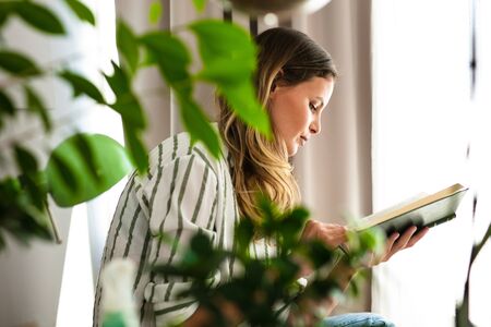 find your chilling place inside your house and read a book, young woman reading a book next to a bright window and the house plantsの写真素材