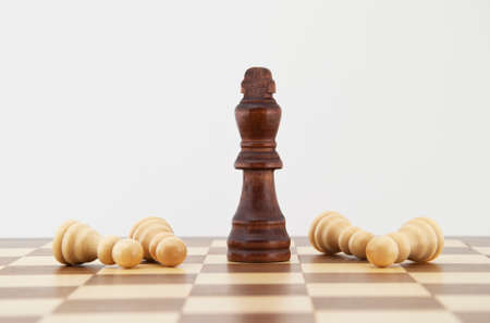 Chess king and pawns on chessboard with white background  Landscape format の写真素材