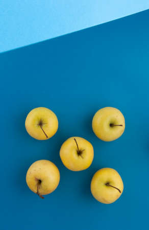 Fresh Yellow Apples on light blue background. の写真素材